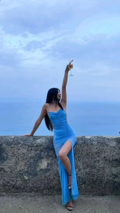 Blue Sexy Long Prom Dress See-through Prom Dress Beach Dress P1497