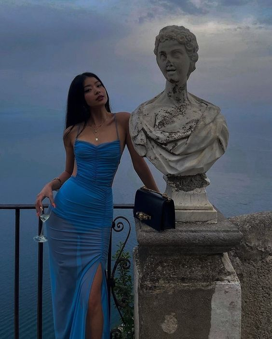 Blue Sexy Long Prom Dress See-through Prom Dress Beach Dress P1497