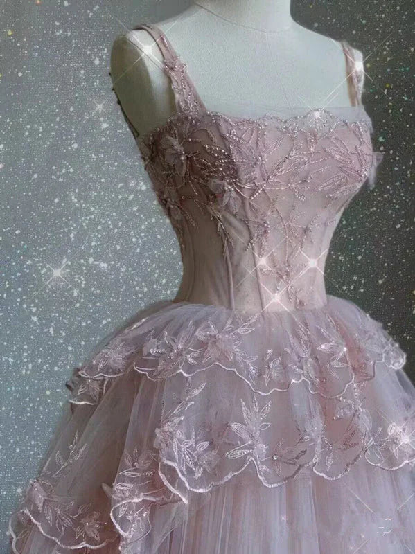 Vintage Pink Lace Shiny Sequin A-Line Tulle Prom Dress Party Dress Evening Dress TP4505