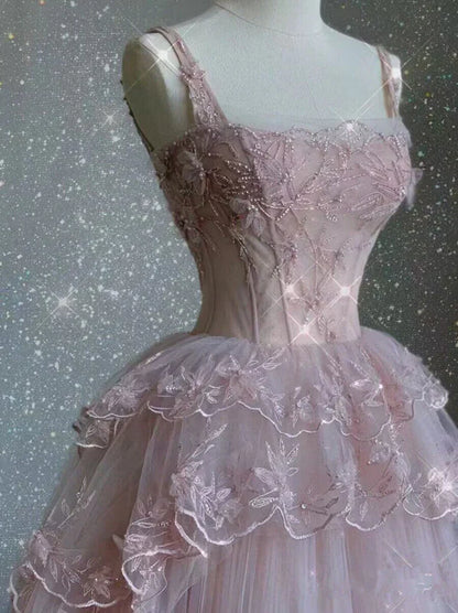 Vintage Pink Lace Shiny Sequin A-Line Tulle Prom Dress Party Dress Evening Dress TP4505