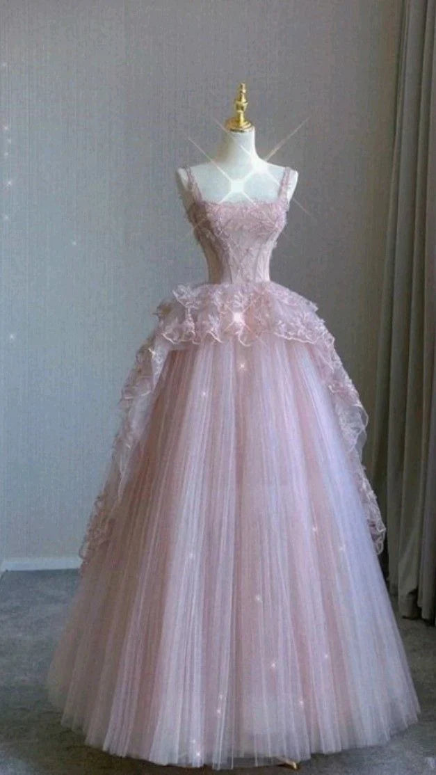 Vintage Pink Lace Shiny Sequin A-Line Tulle Prom Dress Party Dress Evening Dress TP4505
