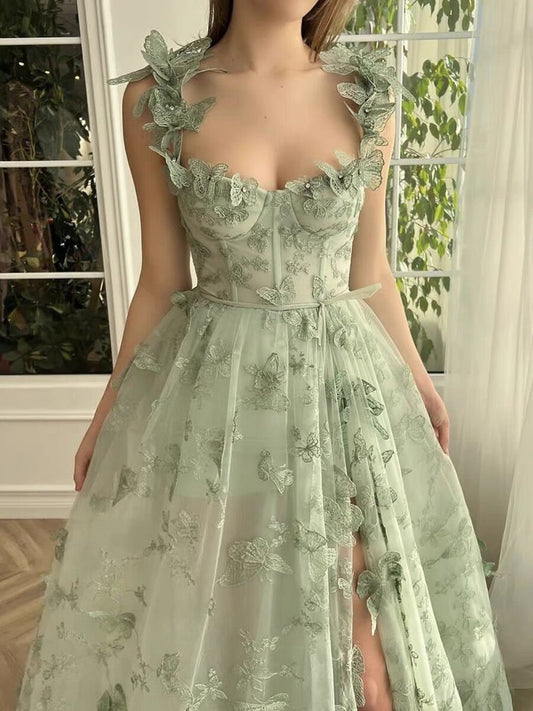 A line Green Corset Long Tulle Prom Dress With 3D Butterflies P1843