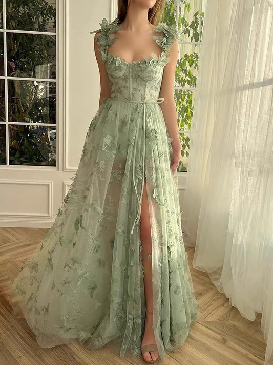 A line Green Corset Long Tulle Prom Dress With 3D Butterflies P1843