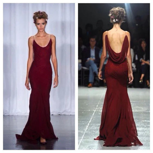 Vintage Burgundy Mermiad Applique Spaghetti Strap Long Prom Dress Evening Dress TP4293