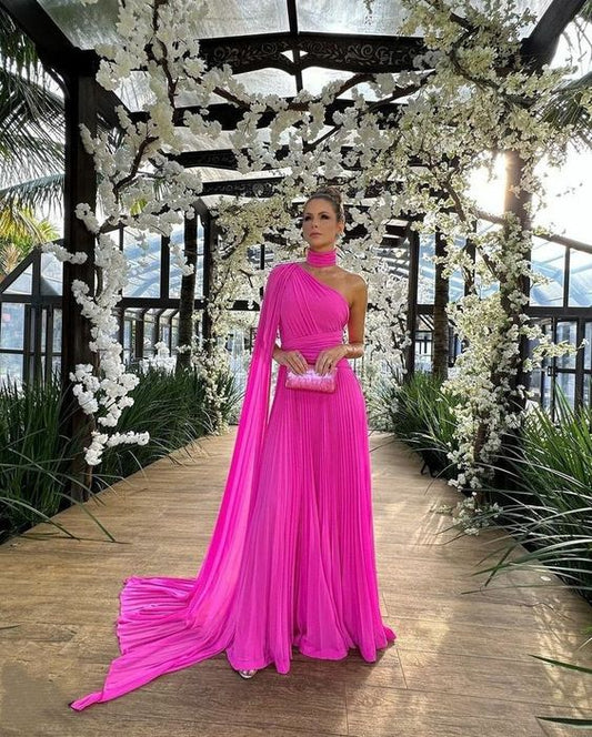 Elegant Long Chiffon Hot Pink Evening Dresses With Cape A-Line One Shoulder Prom Dress P1887