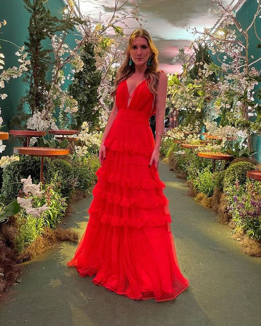 A Line Red Long Prom Dresses V Neck Tiered Formal Dress P1898