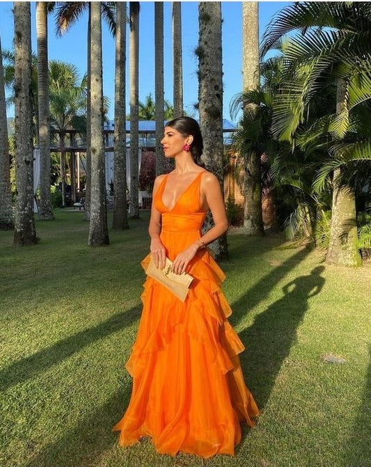 A Line Orange Long Prom Dresses V Neck Formal Dress Outfits P1899