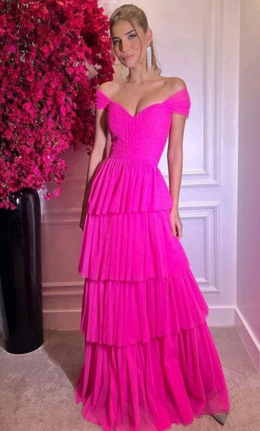 A line Off The Shoulder Tiered Prom Dresses Tulle Formal Dress P1910