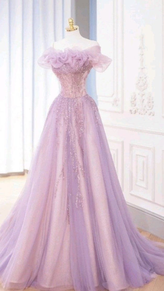 Fairy Ball Gown Off The Shoulder Lilac Tulle Prom Dresses Long Party Dress P1937