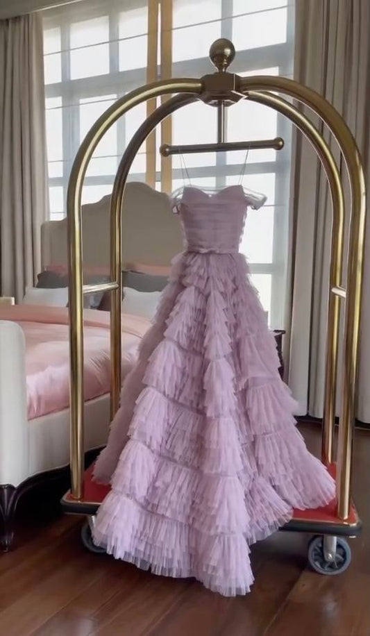 Fairy Ball Gown Strapless Lilac Tulle Long Prom Dresses Evening Dress P1954