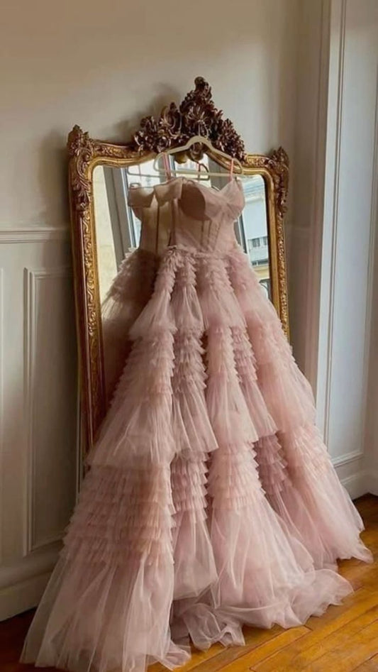 Fairy Ball Gown Strapless Pink Tiered Tulle Long Prom Dresses Evening Dress P1955