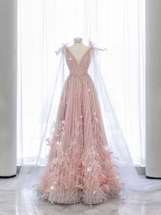 Fairy A line Sequin Pink Prom Dresses Evening Dress P2039