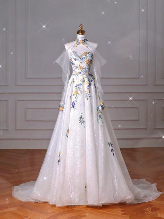 Fairy A line White Floral Prom Dresses Evening Dress P2056