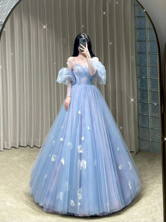 Fairy Ball Gown Blue Floral Tulle Prom Dresses Evening Dress P2059
