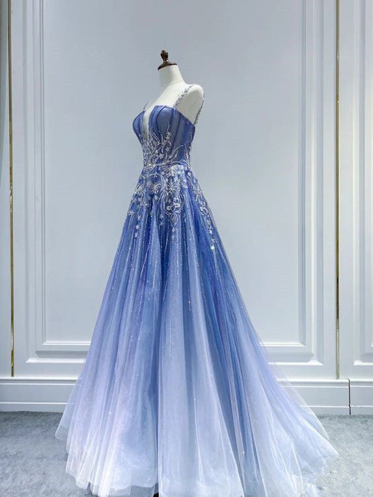 Fairy Ball Gown Ombre Blue Tulle Prom Dresses Evening Dress P2060