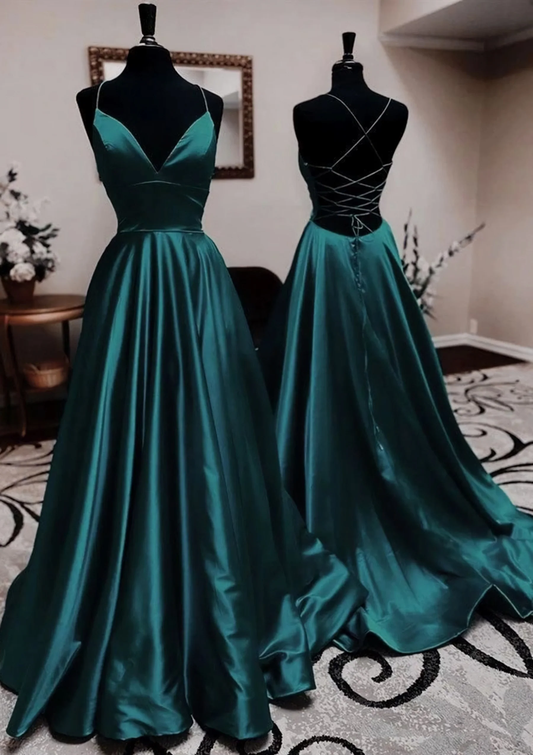 Sexy A Line Dark Green Satin Backless Prom Dresses 21th Birthday Outfit P2108