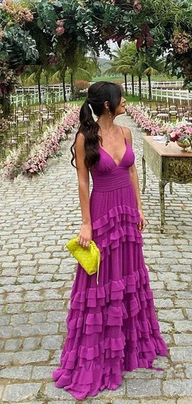 Vintage Fuchsia V-neck Spaghetti Strap A-Line Chiffon Prom Dress Party Dress Evening Dress TP4497
