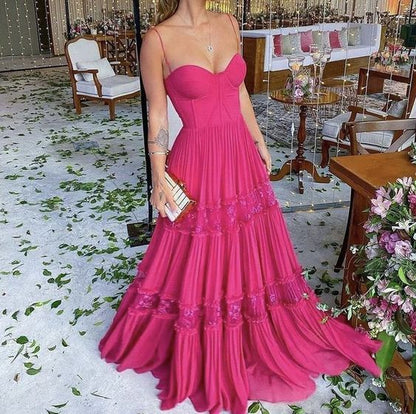Elegant A line Long Tiered Hot Pink Lace Prom Dress 22th Birthday Outfits P2126