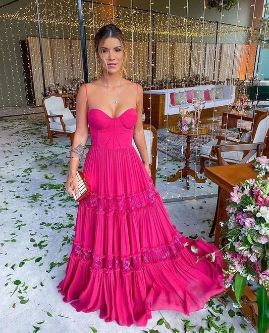 Elegant A line Long Tiered Hot Pink Lace Prom Dress 22th Birthday Outfits P2126