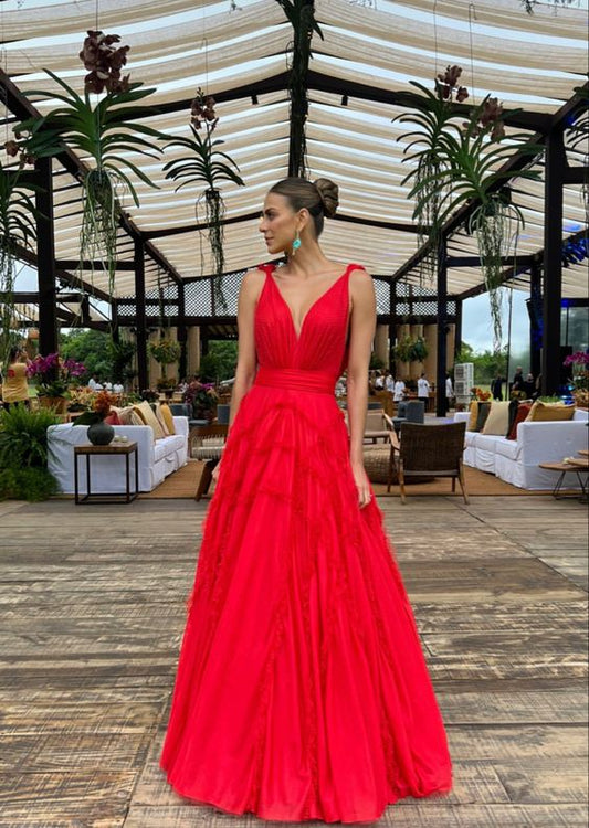 Elegant A line Long Red Prom Dress 22th Birthday Outfits P2128