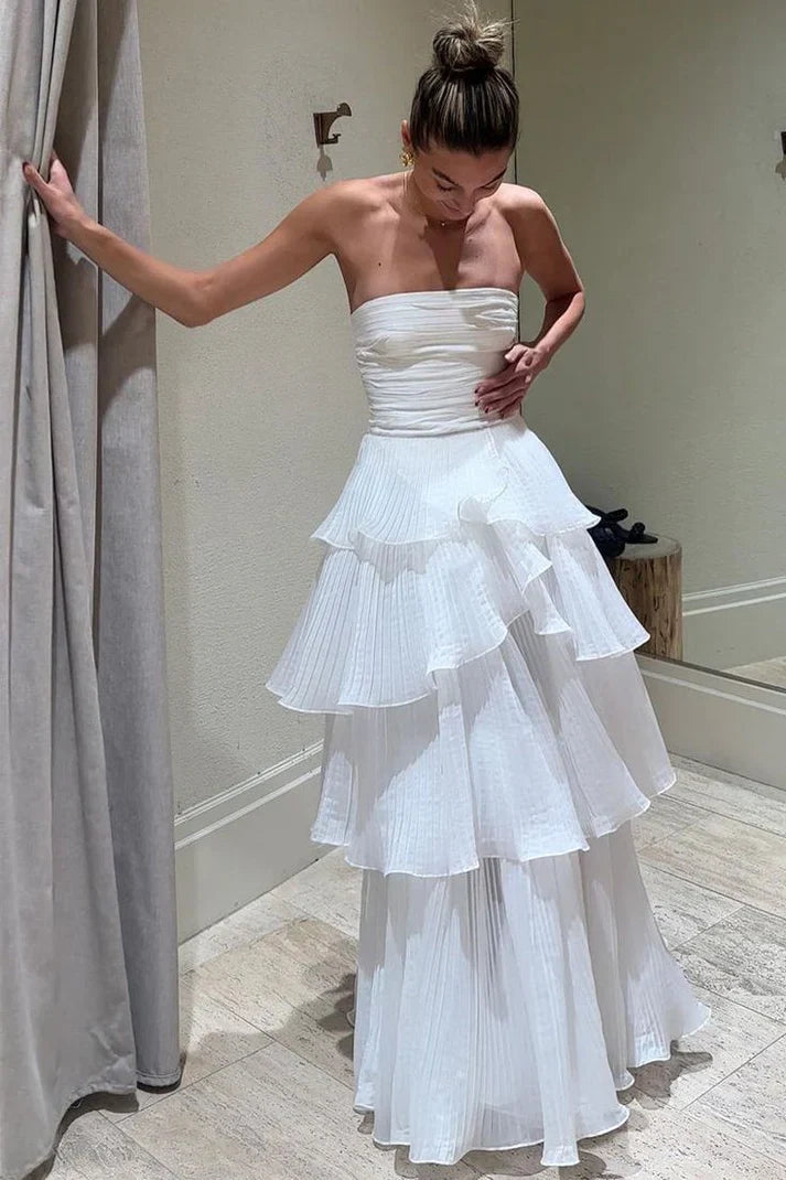 Vintage White Chiffon Strapless A-Line Tiered Prom Dress Party Dress Evening Dress TP4504