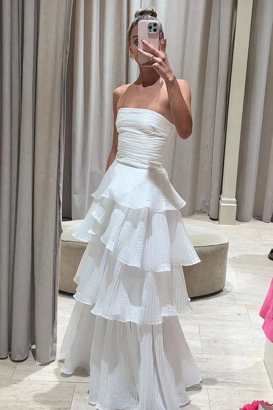 Vintage White Chiffon Strapless A-Line Tiered Prom Dress Party Dress Evening Dress TP4504