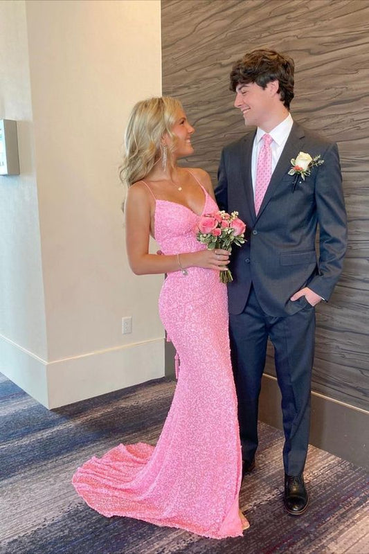 Elegant Mermaid Sequin Pink Long Prom Dresses Formal Dress P2226