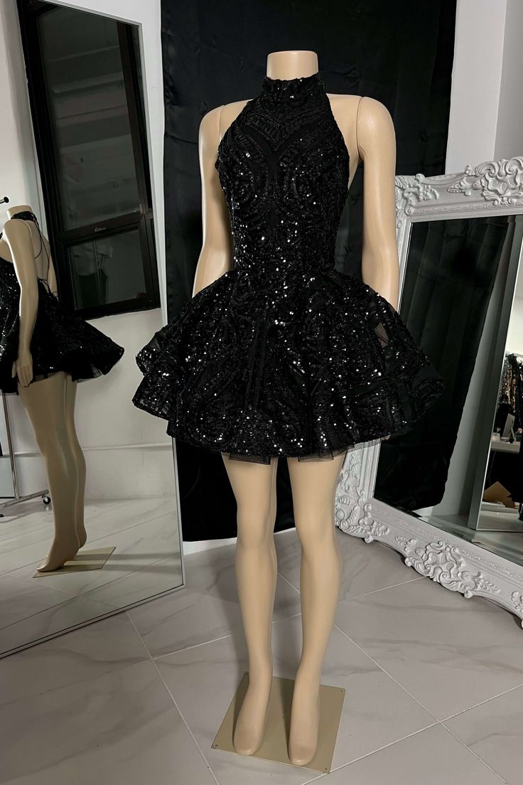 Classic High Neck Sequins Appliques Short Homecoming Dress For Black Women Birthday Outfits P2265