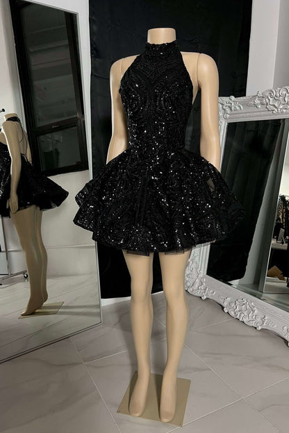 Classic High Neck Sequins Appliques Short Homecoming Dress For Black Women Birthday Outfits P2265