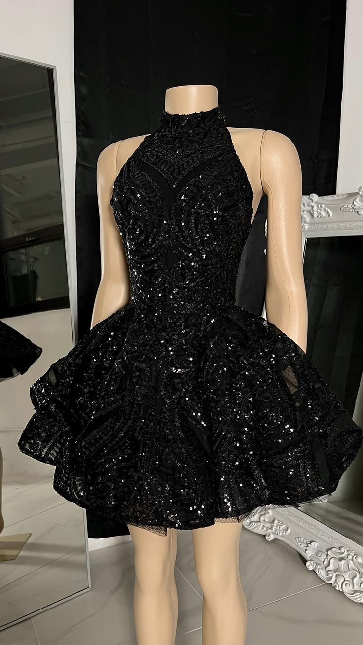 Classic High Neck Sequins Appliques Short Homecoming Dress For Black Women Birthday Outfits P2265