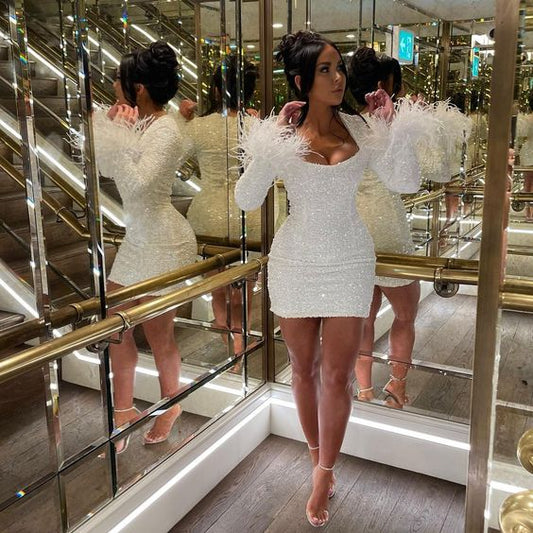 Cute Short Homecoming Dress White Sequin Long Sleeves Birthday Outfit Dress P2275