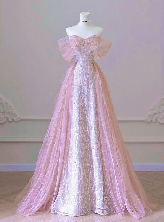 New Arrival A line Off The Shoulder Short Sleeves Pleated Sequin Pink Floor Length Prom Dresses P2300