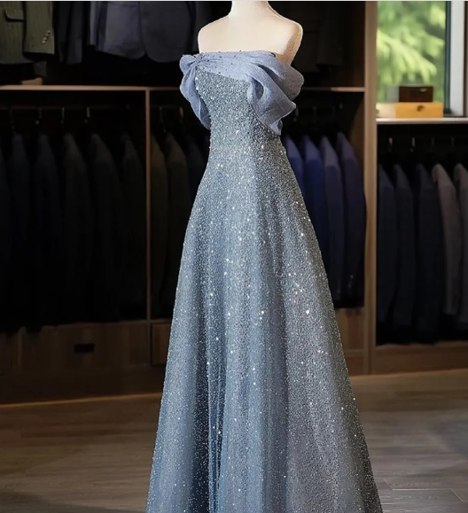 Modest Ball Gown Off The Shoulder Sequin Long Party Dress Gray Prom Dress P2325