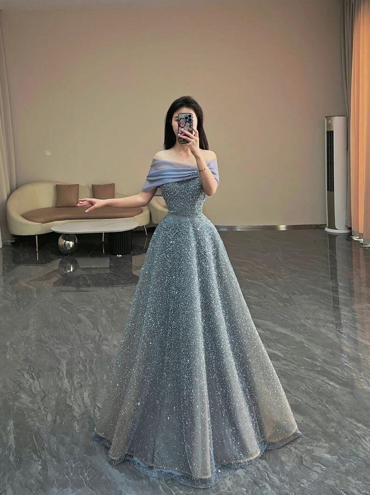 Modest Ball Gown Off The Shoulder Sequin Long Party Dress Gray Prom Dress P2325