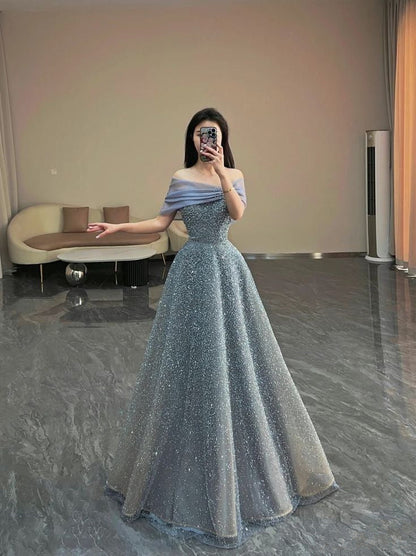 Modest Ball Gown Off The Shoulder Sequin Long Party Dress Gray Prom Dress P2325