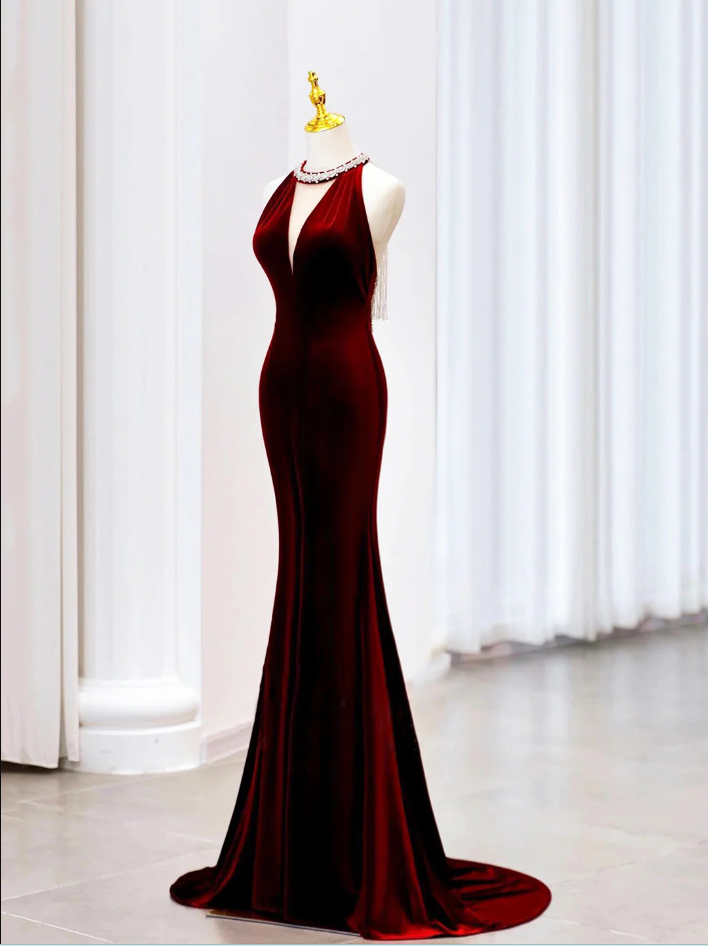 Modest Mermaid Scoop Neckline Burgundy Velvet Long Party Dress Prom Dress P2333