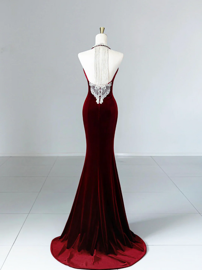 Modest Mermaid Scoop Neckline Burgundy Velvet Long Party Dress Prom Dress P2333