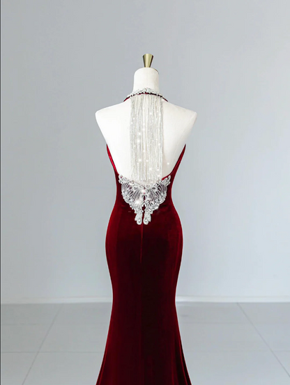 Modest Mermaid Scoop Neckline Burgundy Velvet Long Party Dress Prom Dress P2333