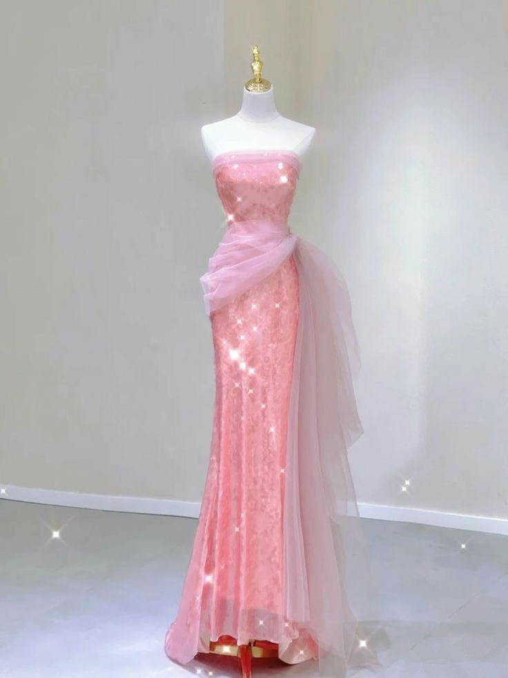 Modest Mermaid Strapless Pink Tulle Ruffles Long Party Dress Prom Dresses P2338