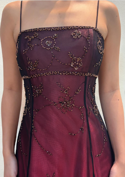 Chic A line Spaghetti Straps Burgundy Sleeveless Evening Dress Tulle Long Prom Dresses P2339