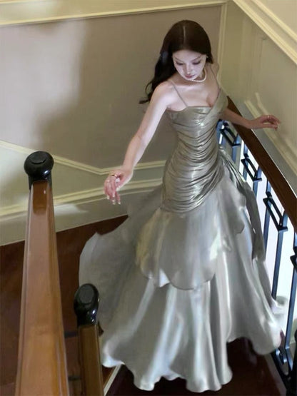 Modest Mermaid Spaghetti Straps Long Prom Dresses Birthday Party Dress Evening Gowns P2356