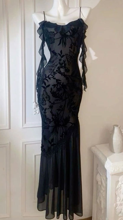 Chic Sheath Spaghetti Straps Black Evening Dress Long Prom Dresses P2359