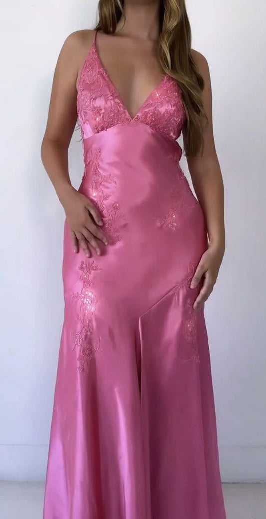 Chic Mermaid Spaghetti Straps Pink Satin Evening Dress Long Prom Dresses P2360