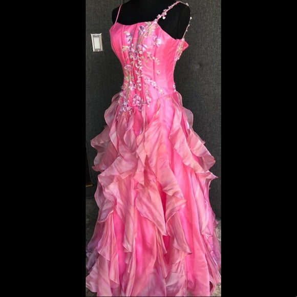 Chic Ball Gown Spaghetti Straps Pink Satin Evening Dress Long Prom Dresses With Embroidered P2361