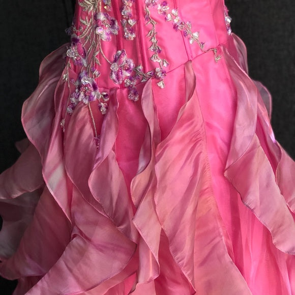 Chic Ball Gown Spaghetti Straps Pink Satin Evening Dress Long Prom Dresses With Embroidered P2361