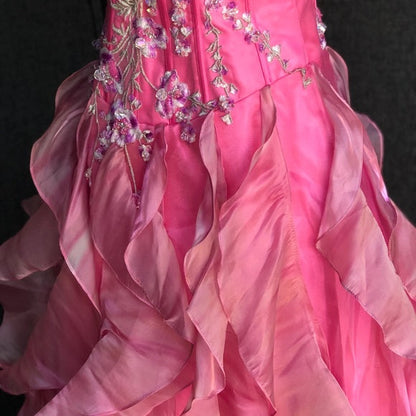 Chic Ball Gown Spaghetti Straps Pink Satin Evening Dress Long Prom Dresses With Embroidered P2361