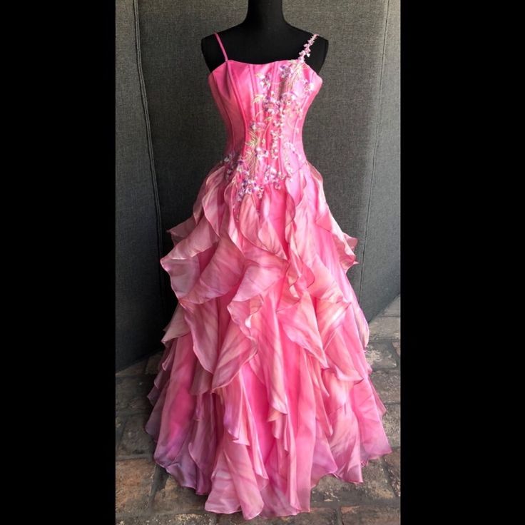 Chic Ball Gown Spaghetti Straps Pink Satin Evening Dress Long Prom Dresses With Embroidered P2361