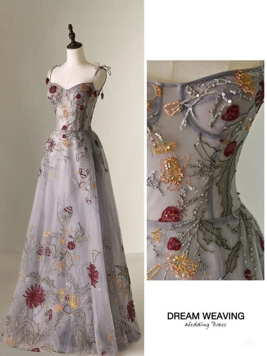 Chic A Line Spaghetti  Straps Flowers Tulle Evening Dress Long Prom Dresses P2371