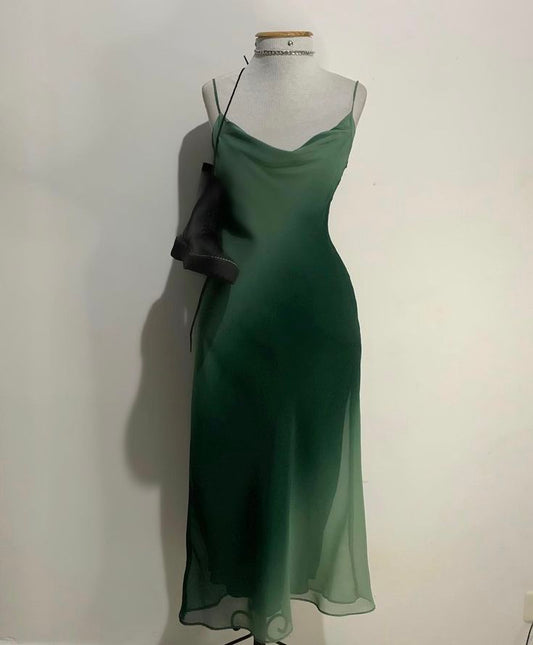 Chic A Line Spaghetti Straps Green Chiffon Evening Dress Prom Dresses P2375