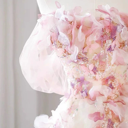 Sexy A Line Off The Shoulder Pink Tulle Floor Length Floral Prom Dresses P2395